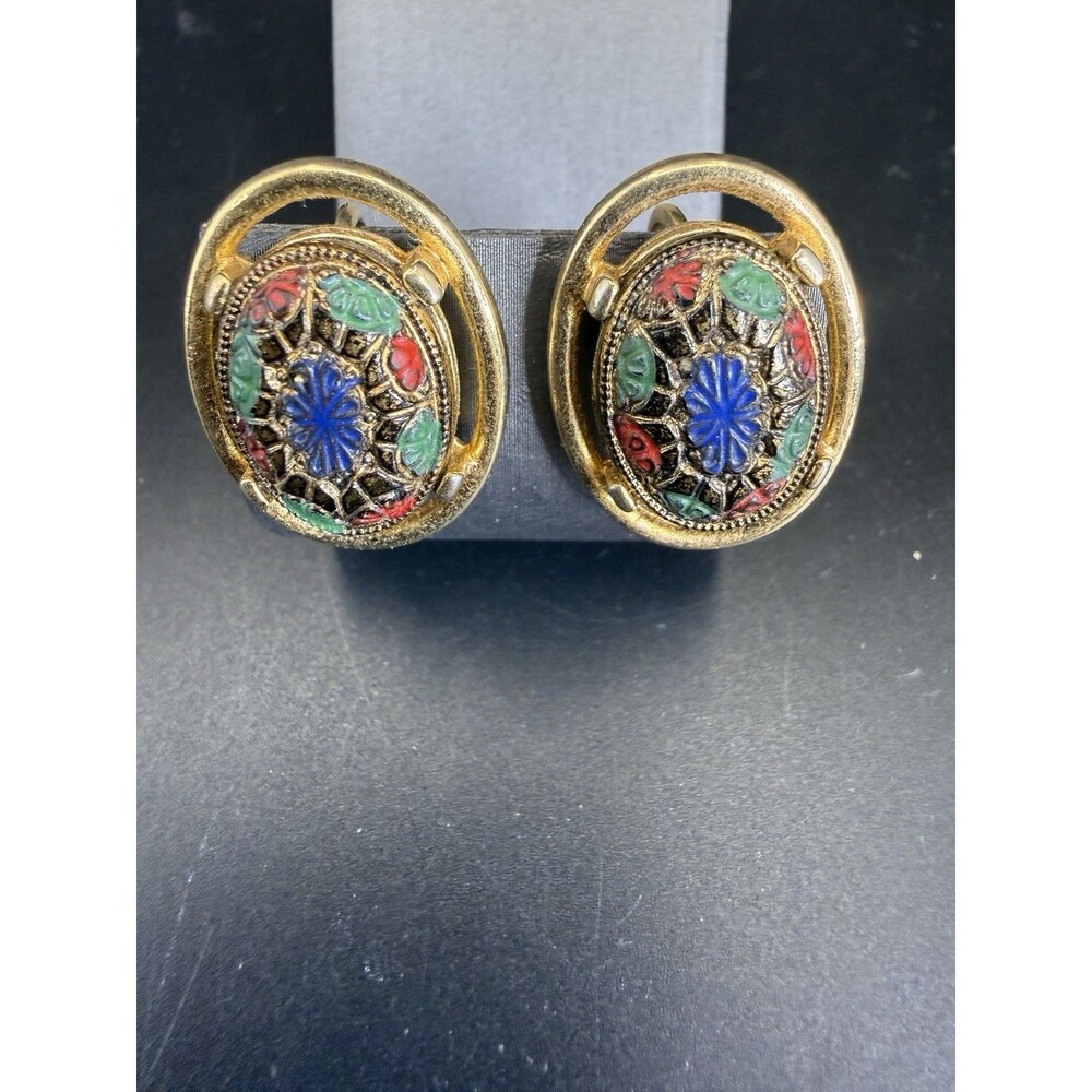 VTG Sarah Coventry Light Of The East Gold Tone Mosaic Floral Clip On Earrings